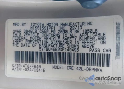 2013 Toyota Corolla Le from USA, damaged, VIN 5YFBU4EE2DP149496